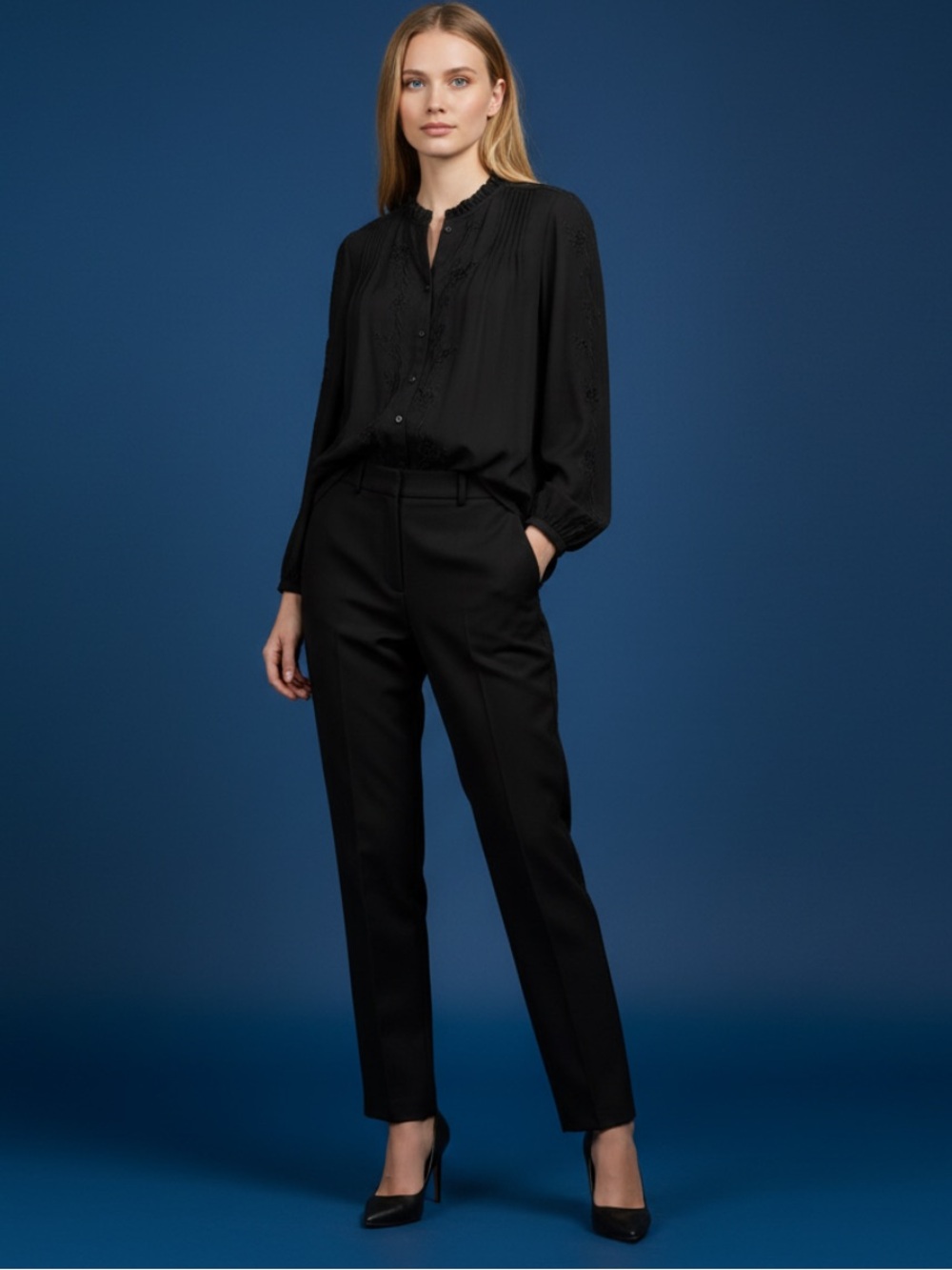 Joie Black Embroidered Ruffle Collar Button-Down Blouse